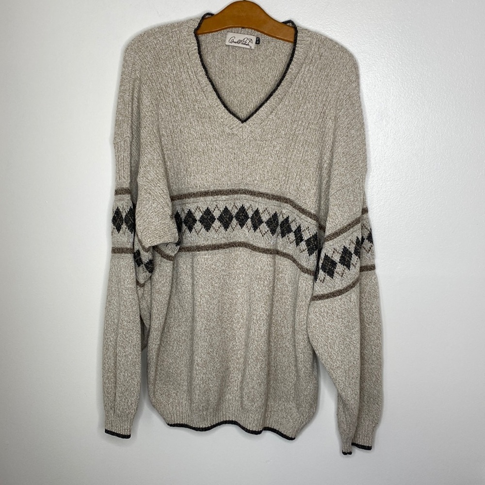 Arnold Palmer Mens Beige & Brown Argyle Knit V-Neck Sweater Size XL